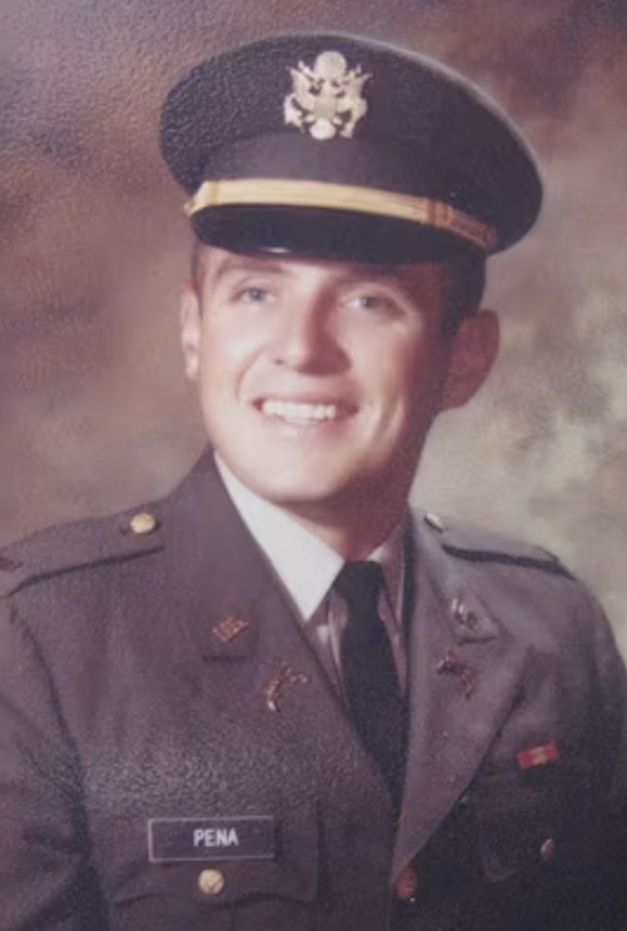 Dan Peña delivering the CSUN commencement address, and as a young U.S. Army officer